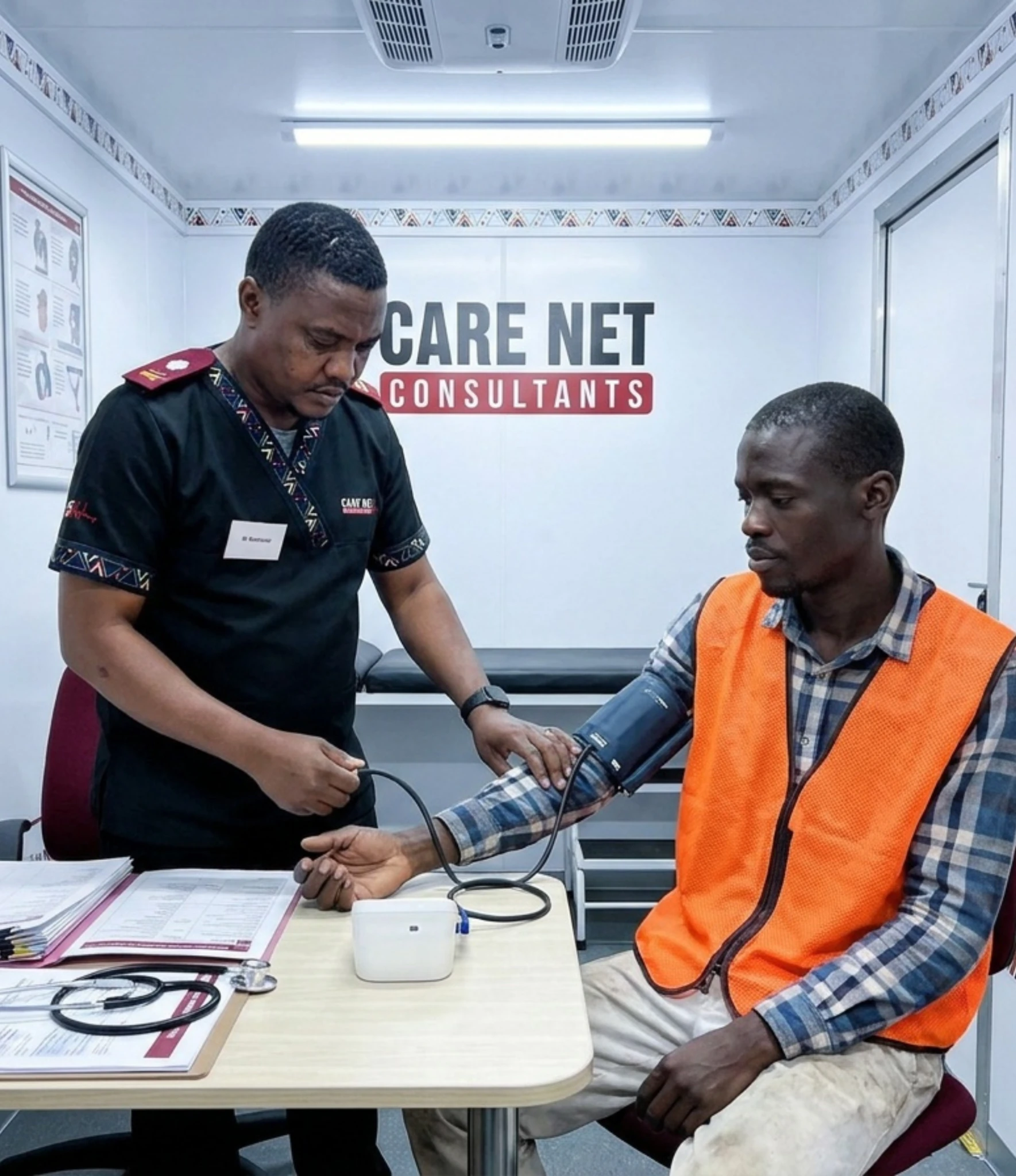 A cleaning and recycling worker having a Care Net medical on site