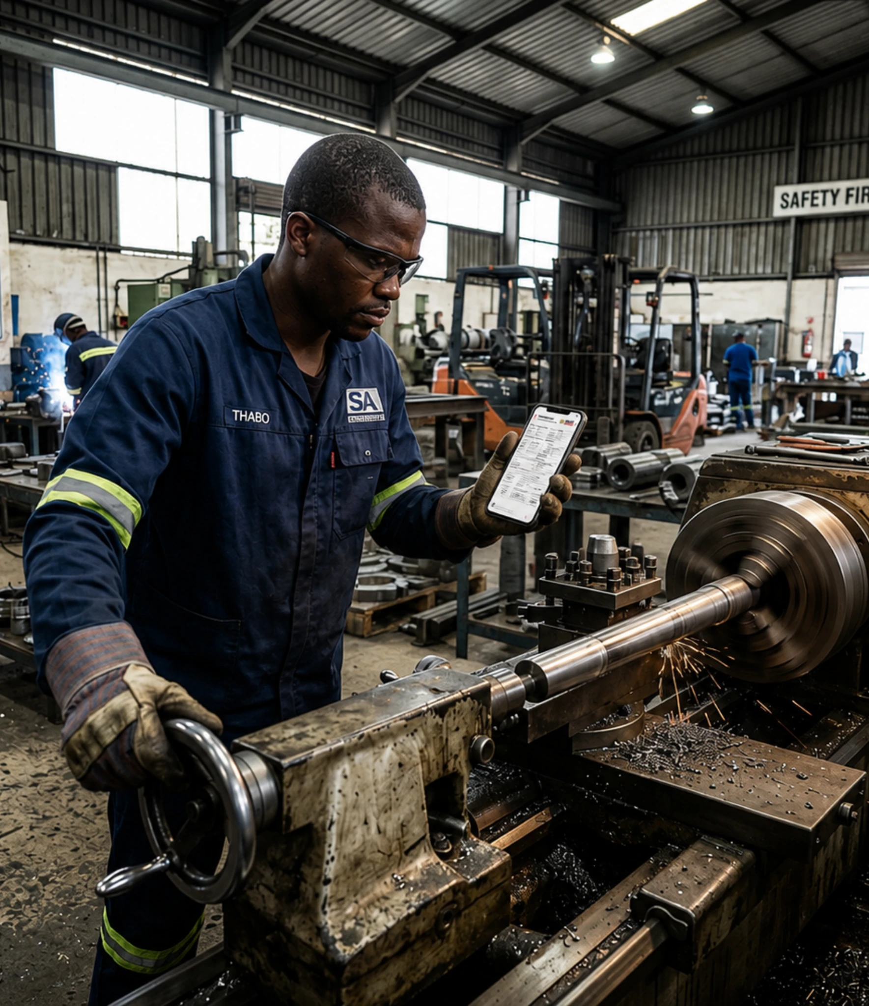 A SHEQ officer verifying a Care Net certificate on a phone at the plant entrance