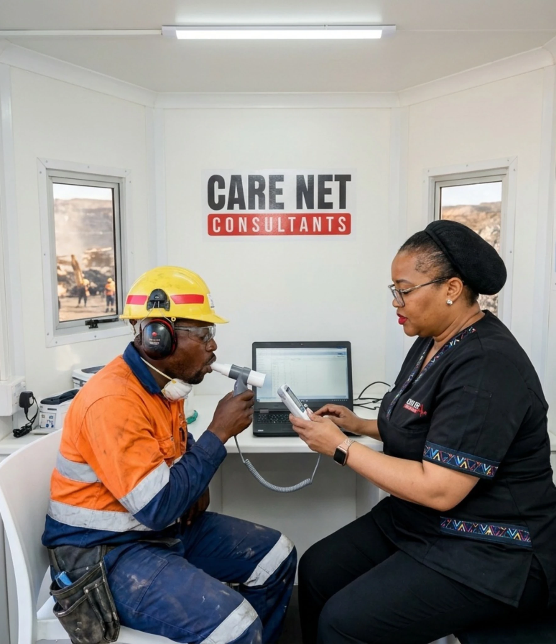 A machine operator having a Care Net medical beside the machine at a mine plant