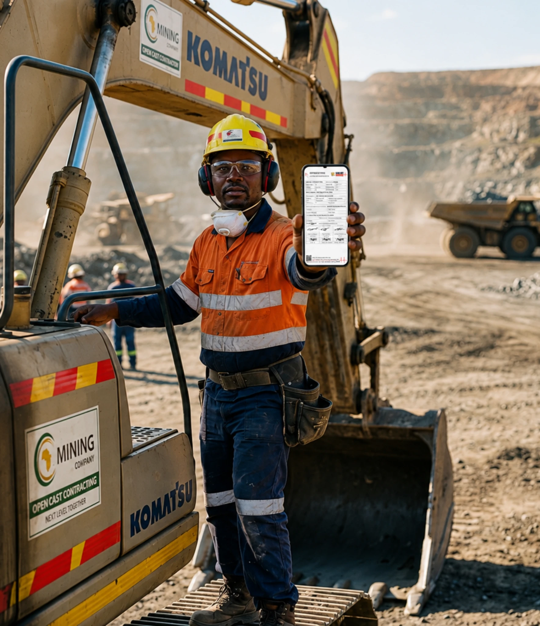 A security officer verifying a Care Net certificate on a phone at a mine access gate