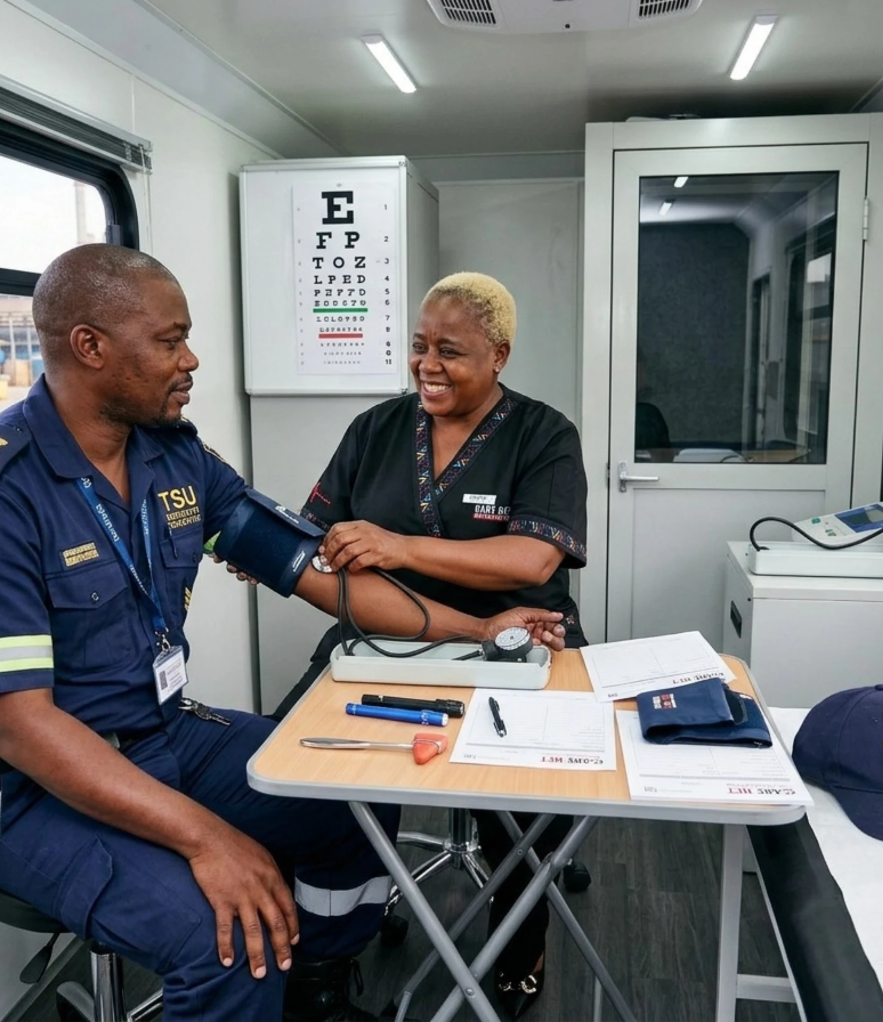A security officer having a fitness for duty check with a Care Net nurse
