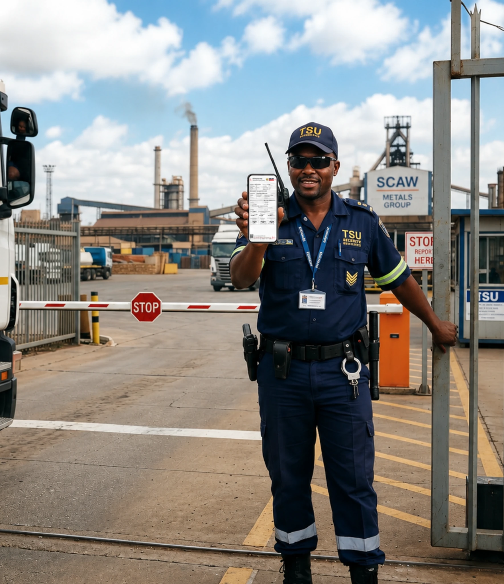 A shift supervisor verifying a Care Net certificate on a phone at the muster point