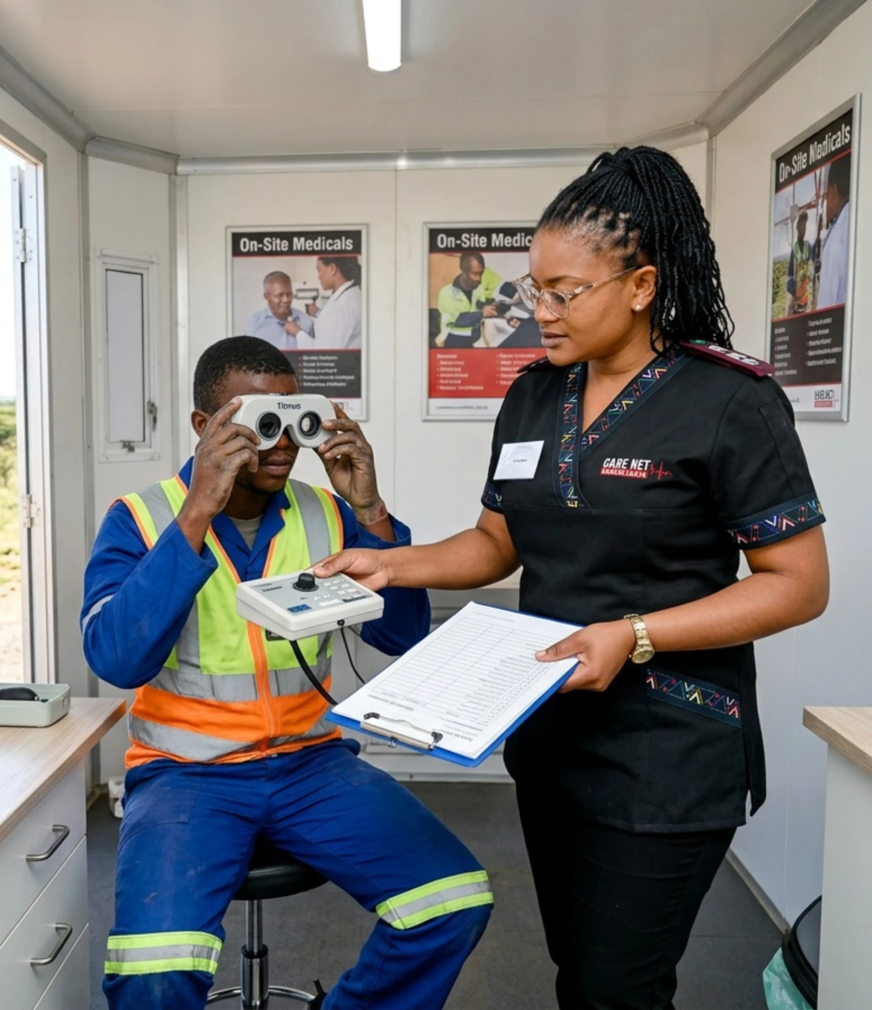 A telecoms rigger having a Care Net medical at the tower base