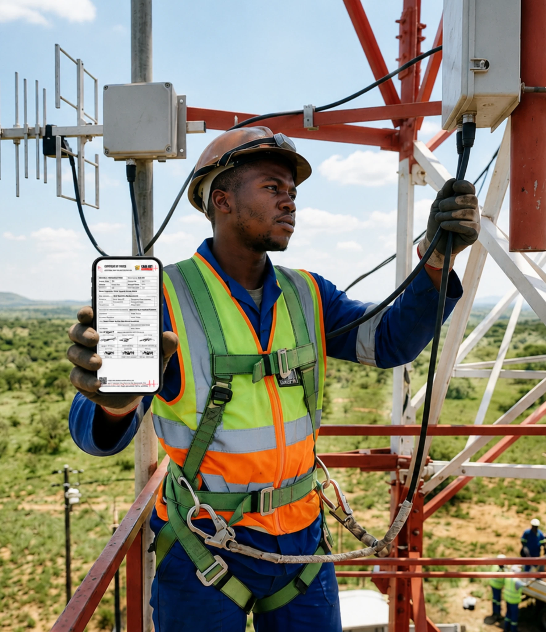 A site supervisor verifying a Care Net fitness-to-climb certificate on a phone at the tower base
