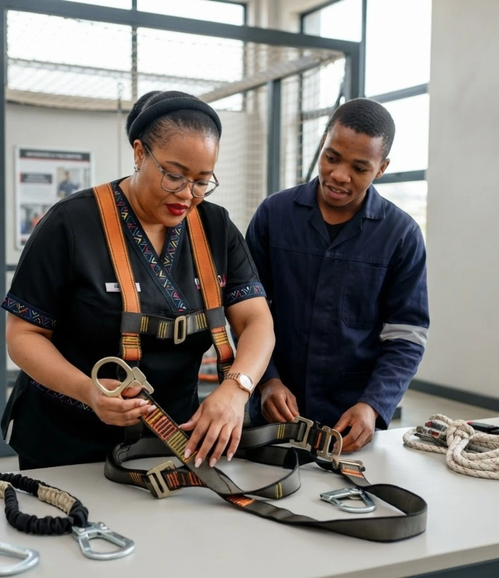 A trainer and a learner inspecting a fall-arrest harness together before a climb