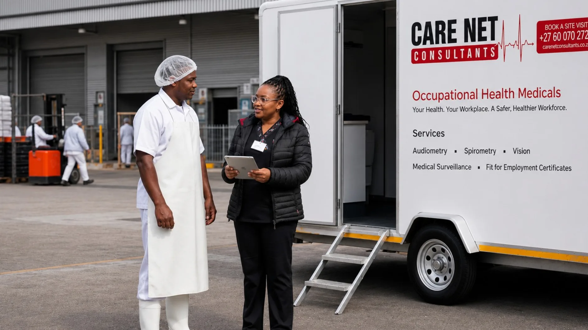 A Care Net nurse completing a medical with a meat-plant worker in clean whites