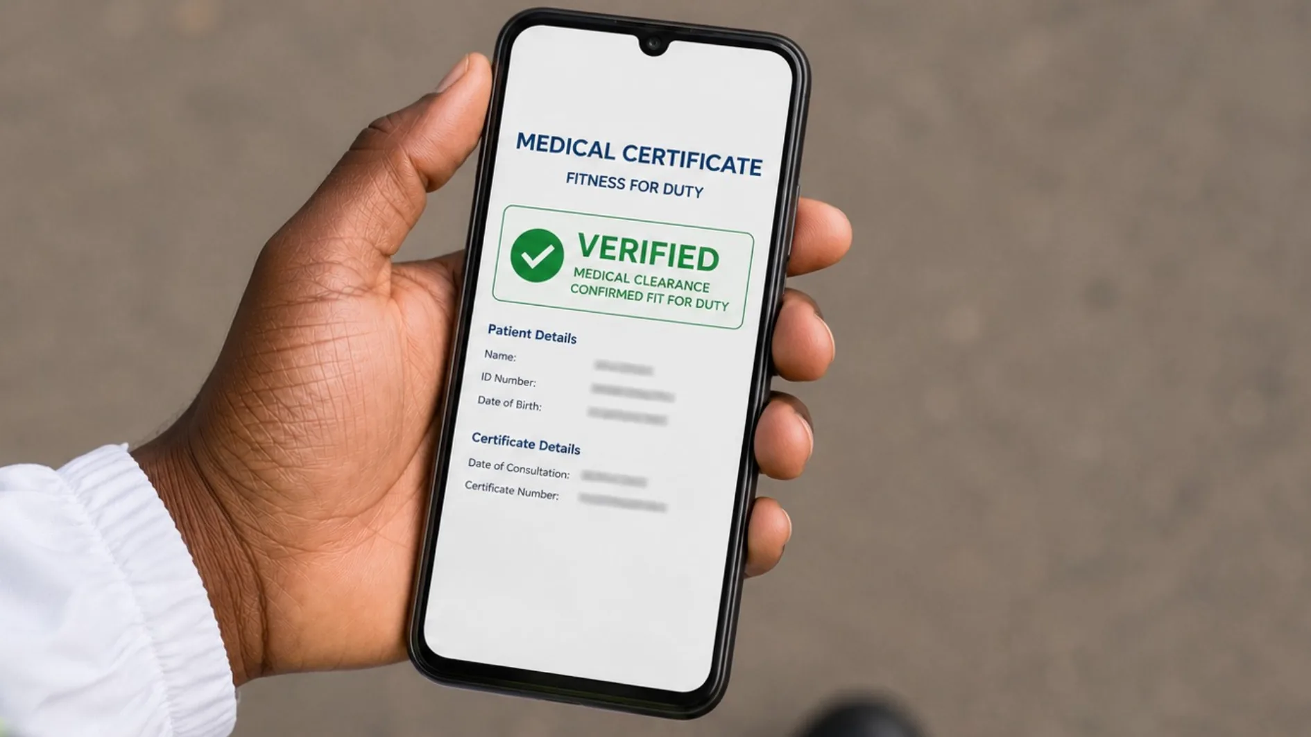 A supervisor checking a Care Net certificate on a phone at the meat-plant entrance