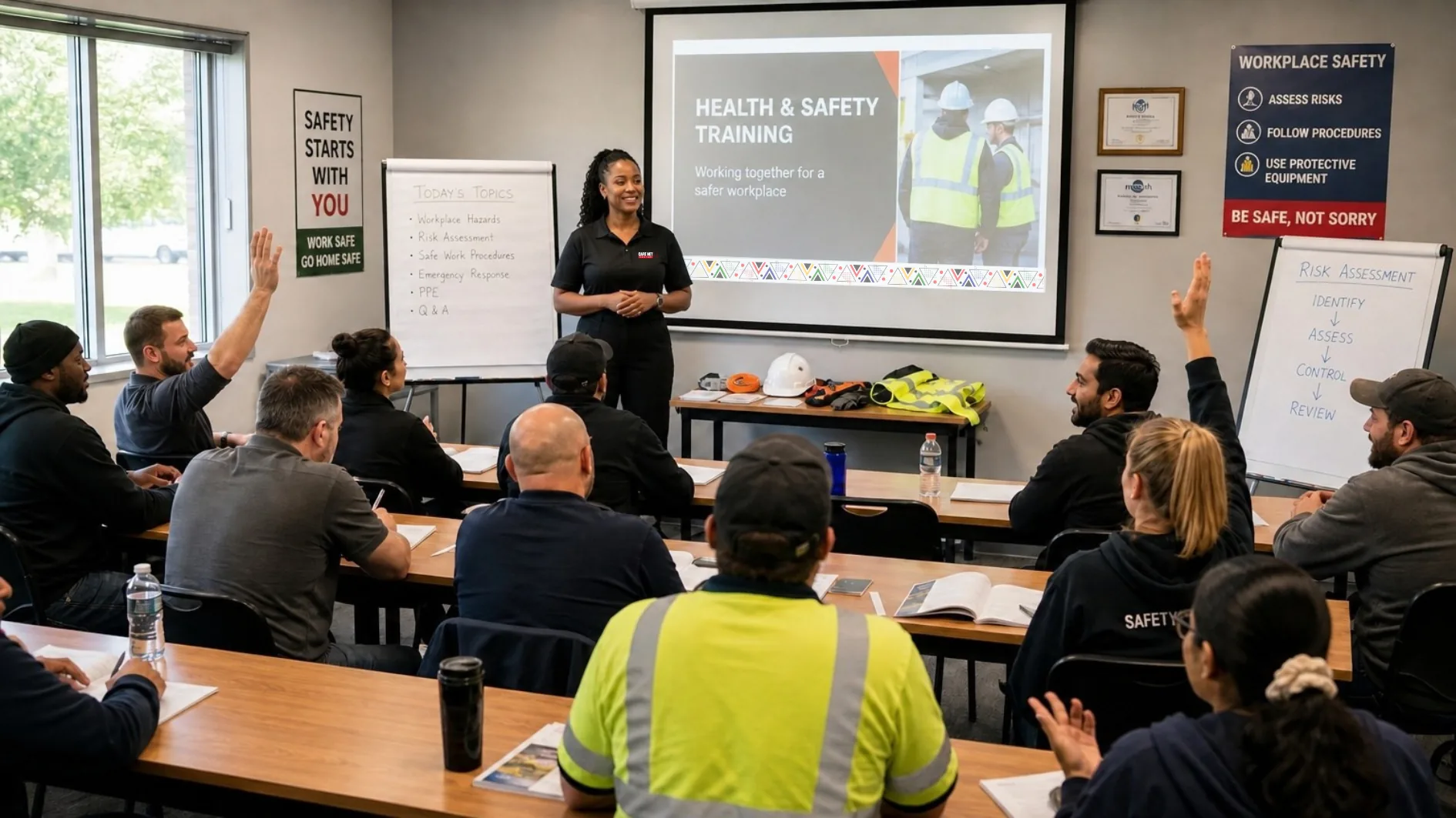 A Care Net facilitator running a safety training session with delegates.