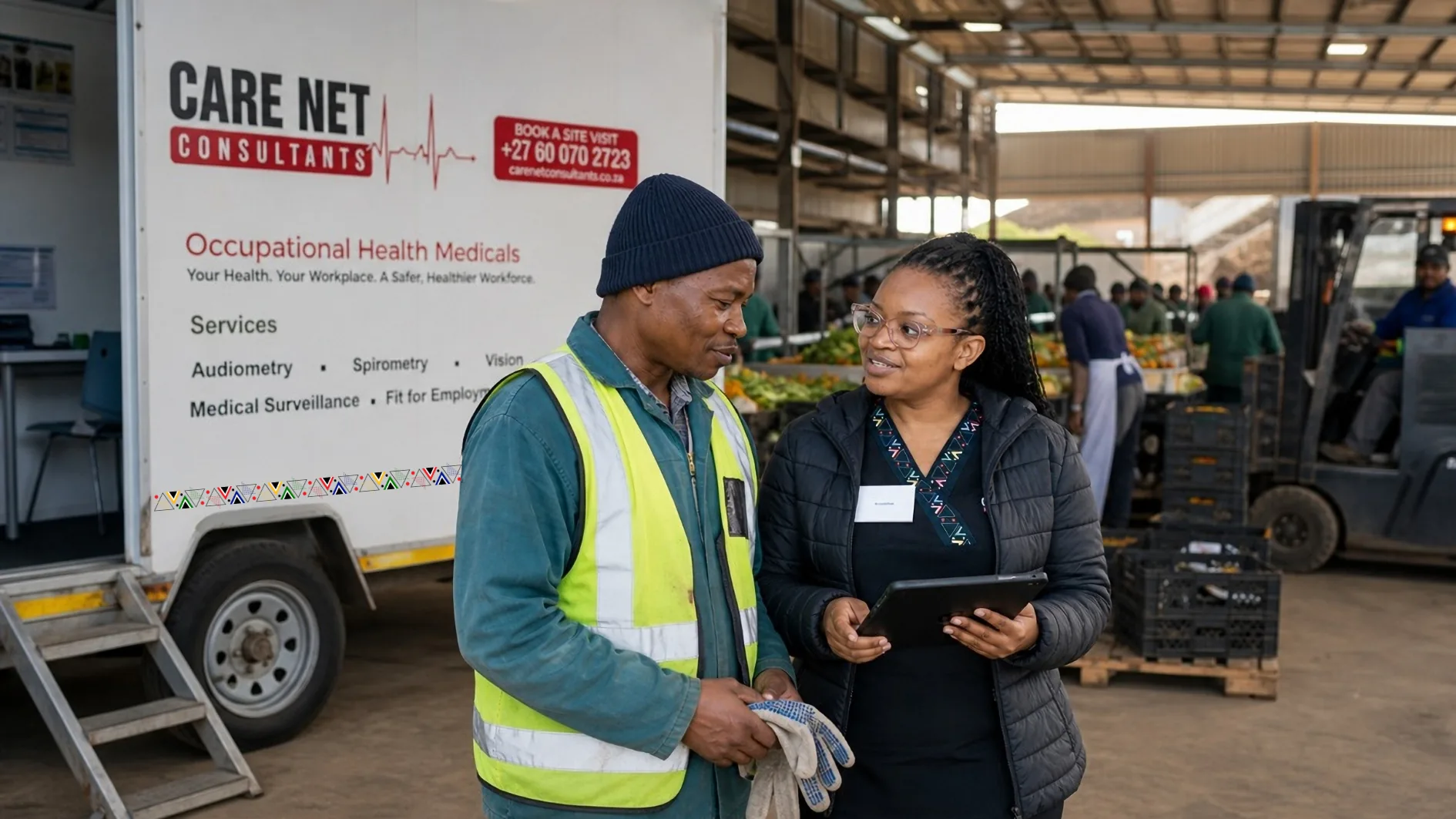 A Care Net nurse completing a medical with a farm worker at a mobile clinic