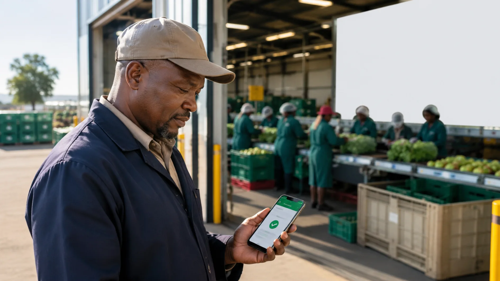 A supervisor checking a Care Net certificate on a phone at the packhouse entrance