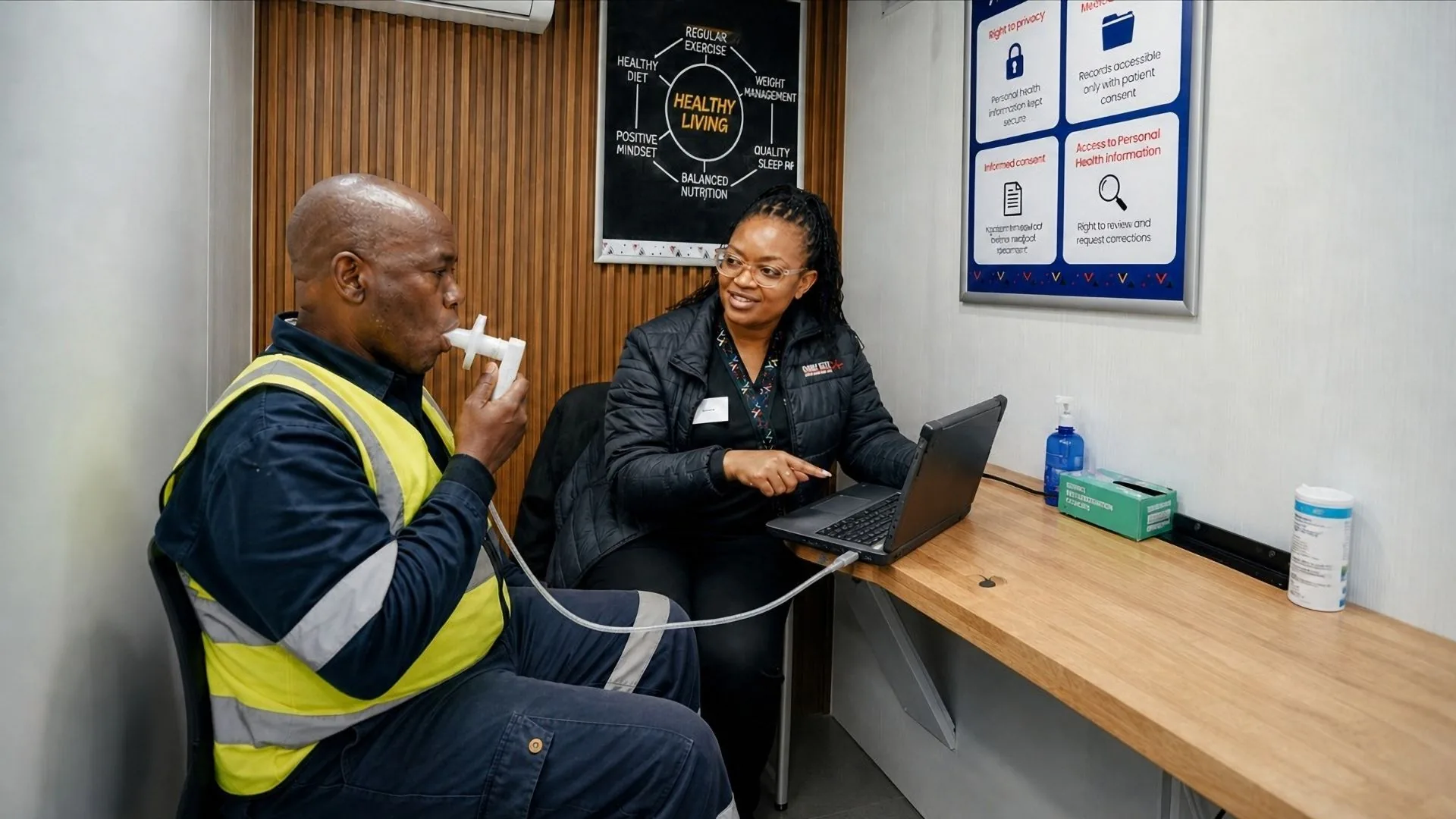 A construction worker completing a lung function test at a Care Net mobile clinic.