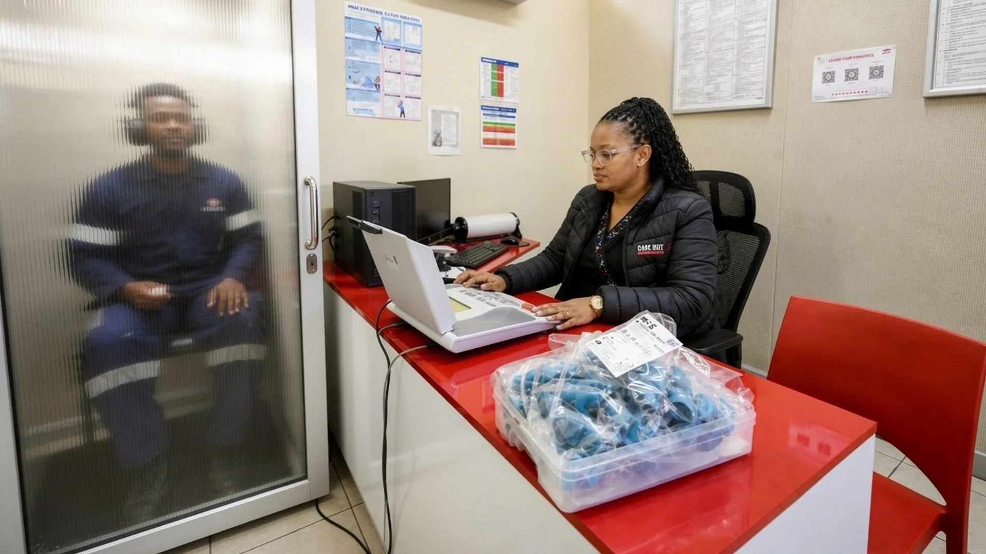 A Care Net nurse running an audiometry test from the console while a worker sits in the booth.