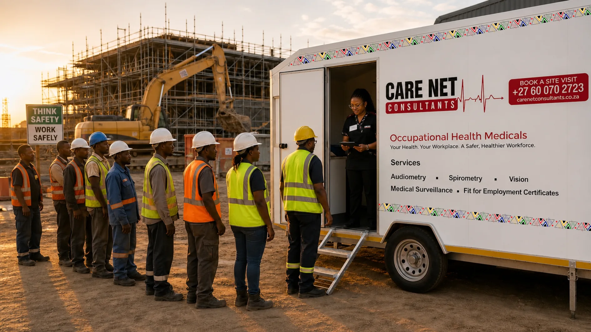 Workers in hard hats and hi-vis queuing at a Care Net mobile clinic on a construction site.
