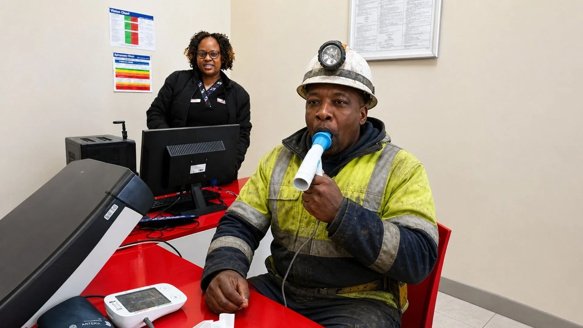 A mineworker in a cap lamp helmet completing a lung function test at a Care Net clinic.