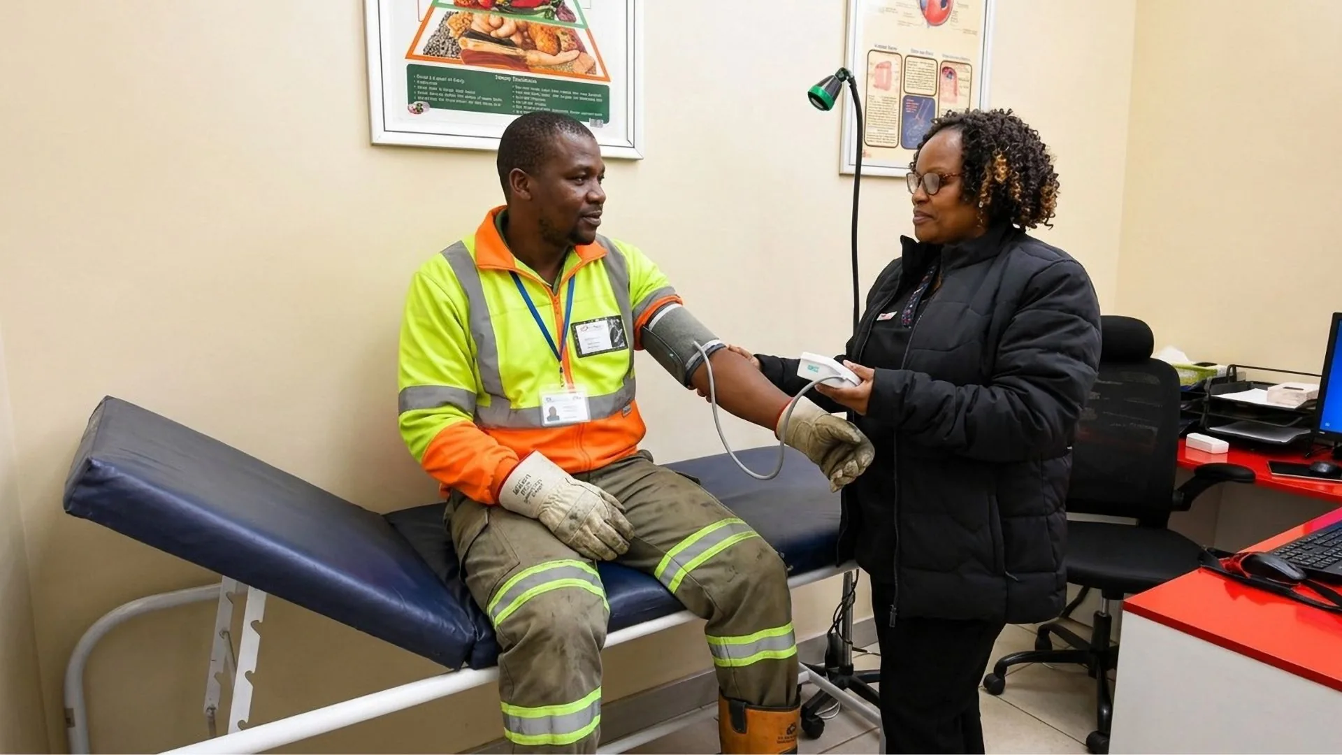 A Care Net nurse taking a blood pressure reading for a waste management worker.